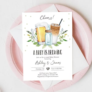 Editable A Baby is Brewing Invitation Bottle and Beers Baby Shower Coed Couples Cold Brew Coffee Download Printable Template Corjl 0190