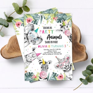 Editable Party Animals Birthday Invitation Wild One Animals Invitation Zoo Safari Animals Girl Download Printable Invite Template Corjl 0322