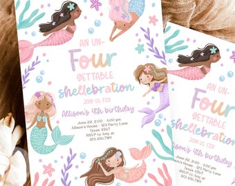 Editable Un Four Gettable Mermaid Birthday Invitation 4th Birthday Purple Under The Sea Pool Party Pastel Download Printable Template 0546