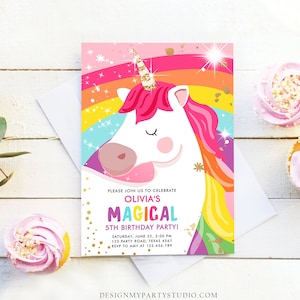 Editable Unicorn Birthday Invitation Magical Unicorn Party Girl Pink Gold Unicorn Invite Rainbow Printable Corjl Template Digital 0323 image 1