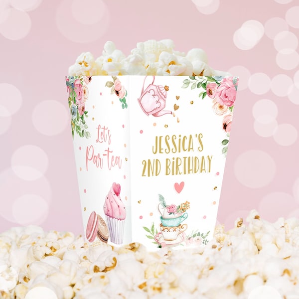 Editable Tea Party Popcorn Box Tea Party Birthday Baby Shower Greenery Garden Floral Holder Cup Candy Favor Box Digital Corjl Template 0349