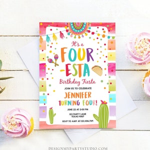 Bewerkbare vier-Esta Fiesta verjaardagsuitnodiging 4e verjaardag vier cactus vierde Mexicaanse jongen en meisje cactus Corjl-sjabloon downloaden afdrukbare 0134