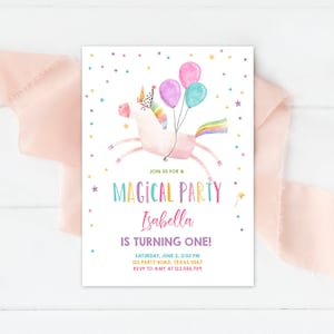 Editable Unicorn Birthday Invitation Magical Party Invite Girl Pink First Birthday Digital Invite Template Rainbow Download Corjl 0336