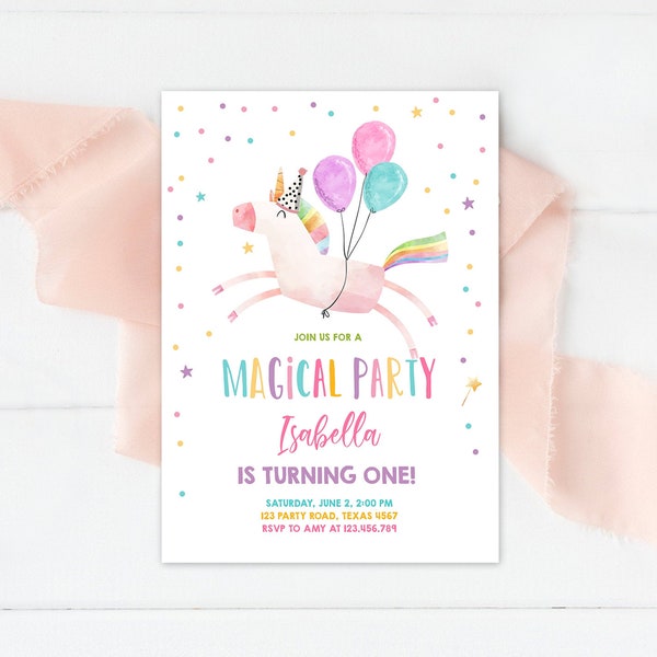 Editable Unicorn Birthday Invitation Magical Party Invite Girl Pink First Birthday Digital Invite Template Rainbow Download Corjl 0336