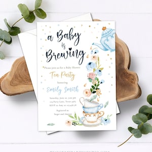 Invitation modifiable de baby shower de fête de thé douche de thé saupoudrer le brunch d'or de garçon bleu floral pétillant Télécharger le modèle Corjl imprimable 0349
