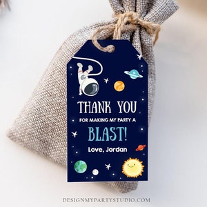 Bewerkbare ruimteastronaut gunsttags ruimte verjaardag bedankkaartjes label raket cadeau ruimte partij douche Corjl sjabloon afdrukbare 0259