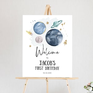 Editable Outer Space Birthday Welcome Sign 1st Birthday Boy Galaxy Planets Trip Around the Sun Astronaut Template PRINTABLE Corjl 0357