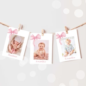 Editable Pink Bow Milestone Banner 12 Months First Birthday Monthly Photo Coquette Preppy 1st Birthday  Digital Template Printable 0527