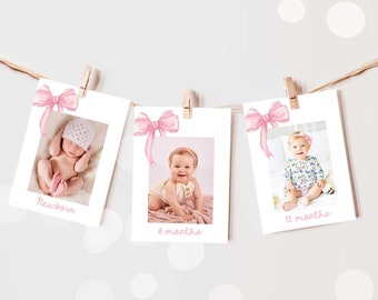 Banner editable con lazo rosa para hitos, foto mensual del primer cumpleaños de 12 meses, plantilla digital imprimible para primer cumpleaños (0527)