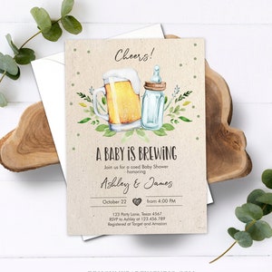 Editable A Baby is Brewing Invitation Bottle and Beers Baby Shower Cheers Coed Couples Shower Download Printable Template Corjl 0190 image 1