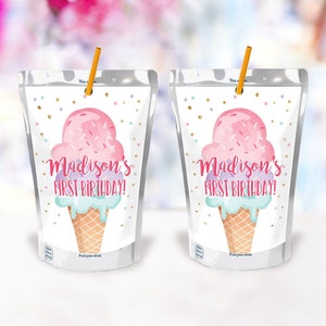 Editable Ice Cream Juice Pouch Label Juice Favors Ice Cream Birthday Party Girl Favors Scoop Digital Download Template Printable 0243