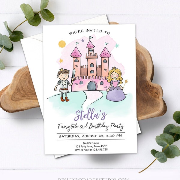 Editable Princess Birthday Invitation Girl Fairytale Birthday Party Knights Prince Castle Download Printable Template Digital Corjl 0385