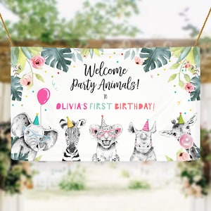 Editable Party Animals Birthday Backdrop Banner Welcome Safari Animals Girl Pink First Sign Digital Download Template Printable 0322
