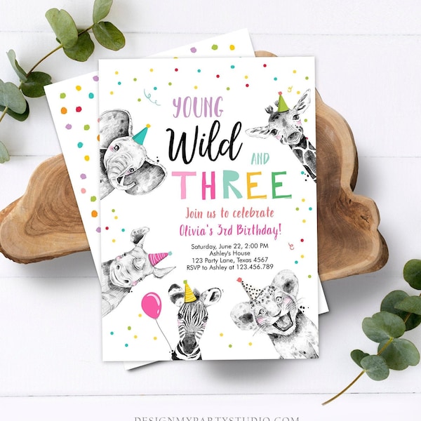 Editable Young Wild and Three Birthday Invitation Girl Pink and Gold Safari Animals Instant Download Printable Template Digital Corjl 0390