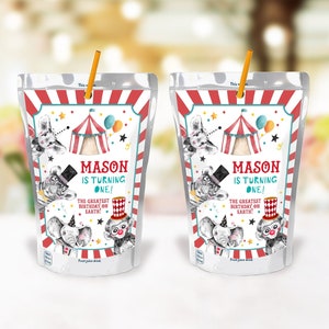 Editable Circus Juice Pouch Label Juice Favors Carnival Festival Birthday Big Top Boy Birthday Digital Download Template Printable 0355
