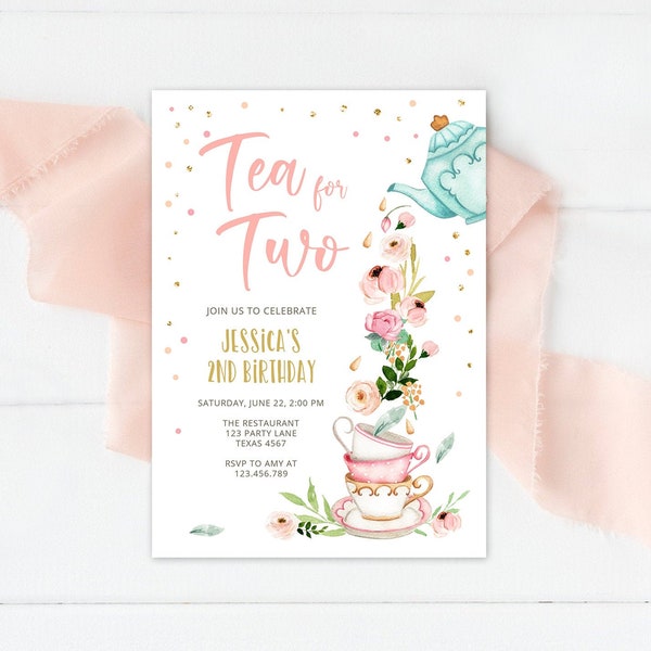 Editable Tea for Two Birthday Invitation Girl Tea Party Invite Pink Gold Floral Peach Pink Download Printable Template Corjl Digital 0349