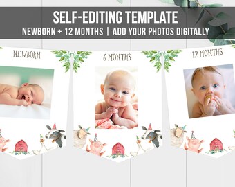 Editable Farm Animals Monthly Photo Banner Boy Birthday Red Barn Barnyard Bash Birthday Decor Digital Download Template Printable 0155