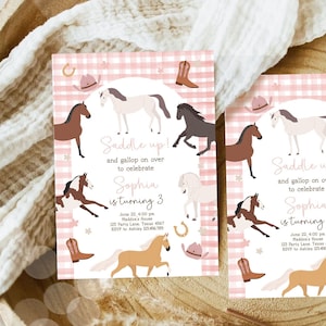Bearbeitbares Pferd Geburtstagseinladung Mädchen im Sattel Up Cowgirl Pferd Party Pferd einladen Rosa Pony Floral Download Druckbare Vorlage Corjl 0513