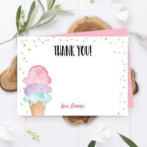 Cartão de agradecimento de sorvete editável Nota de agradecimento de aniversário de sorvete Menina Aniversário Verão Baixar modelo para impressão Digital Corjl 0243