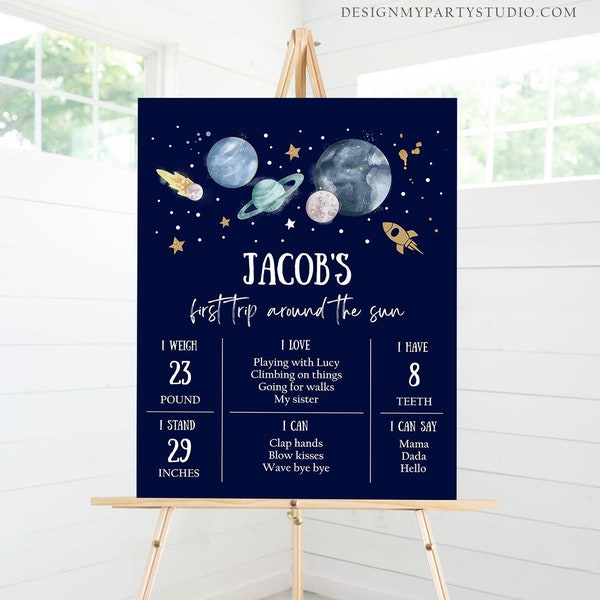 Editable Outer Space Birthday Milestones Sign First Trip Around the Sun Boy 1st Birthday Space Galaxy Planets Template Printable Corjl 0357