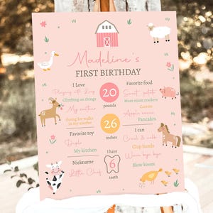 Editable Farm Animals Birthday Milestone Sign Girl Pink Farm Minimalist Barnyard Bash Barnyard Sign Floral Digital Template Printable 0436