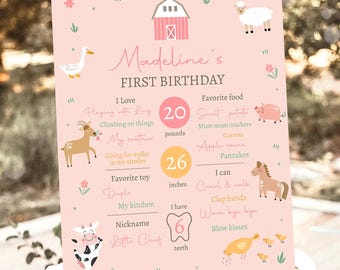 Editable Farm Animals Birthday Milestone Sign Girl Pink Farm Minimalist Barnyard Bash Barnyard Sign Floral Digital Template Printable 0436