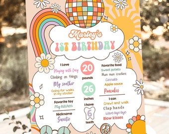 Bewerkbare retro groovy verjaardag mijlpalen teken meisje eerste verjaardag hippie Flower Power jaren 70 Boho digitale downloadsjabloon afdrukbare 0459