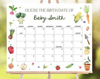 Bewerkbare, denk dat de geboortedatum, kleine spruit, babyshowerspel, raad verjaardag, boerenmarkt, lokaal geteelde groenten, sjabloon afdrukbare, 0544