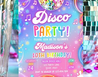 Editable Disco Party Birthday Invitation Neon Glow Let's Glow Crazy Girl Retro Groovy Digital Download Evite Template Printable 0568