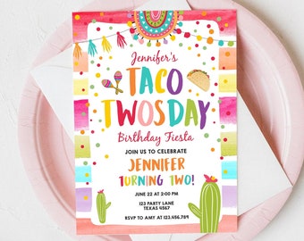 Editable Taco Twosday Fiesta Birthday Invitation Second Birthday 2nd Cactus Mexican Tacos Girl Cactus Download Corjl Template Printable 0134