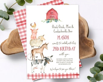 Editable Farm Birthday Invitation Boy Farm Animals Boy Barnyard Birthday Party Download Printable Invitation Template Digital Corjl 0155