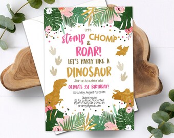 Editable Gold Dinosaur Birthday Invitation ANY AGE Dino Party T-Rex Prehistoric Rawr Girl Pink Gold Download Printable Corjl Template 0146