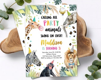 Bewerkbare feestdieren verjaardagsuitnodiging Wilde dieren uitnodiging Dierentuin Safari Dieren Meisje Download afdrukbare uitnodigingssjabloon Corjl 0417