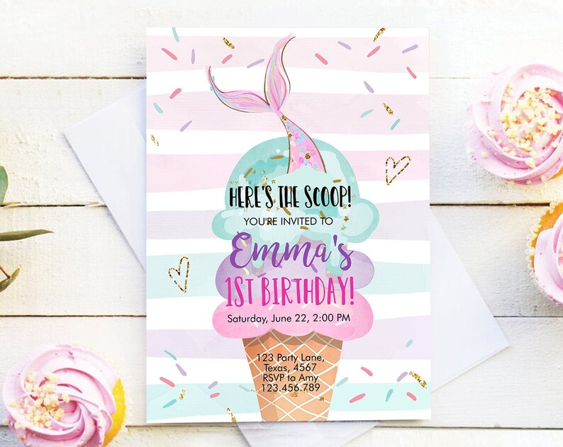 Editable Mermaid Ice Cream Birthday Invitation Under The Sea Heres the Scoop Cone Rainbow Ice Cream Party Printable Template
