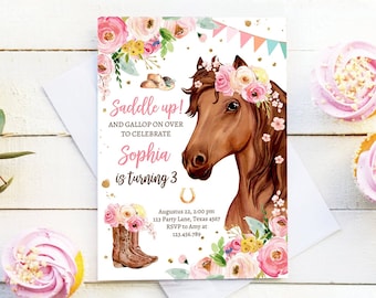 Editable Horse Birthday Invitation Girl Saddle Up Watercolor Cowgirl Party Horse Invite Pink Floral Download Printable Template Corjl 0408