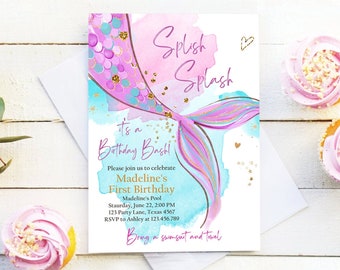 Editable Mermaid Birthday Party Invitation Girl Pink Purple Gold Mermaid Birthday Under The Sea Download Printable Template Corjl 0403