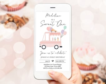 Editable Ice Cream Truck 1st Birthday Evite Sweet One First Invite Modern Ice Cream Shoppe Van The Scoop Phone Digital Template Corjl 0415