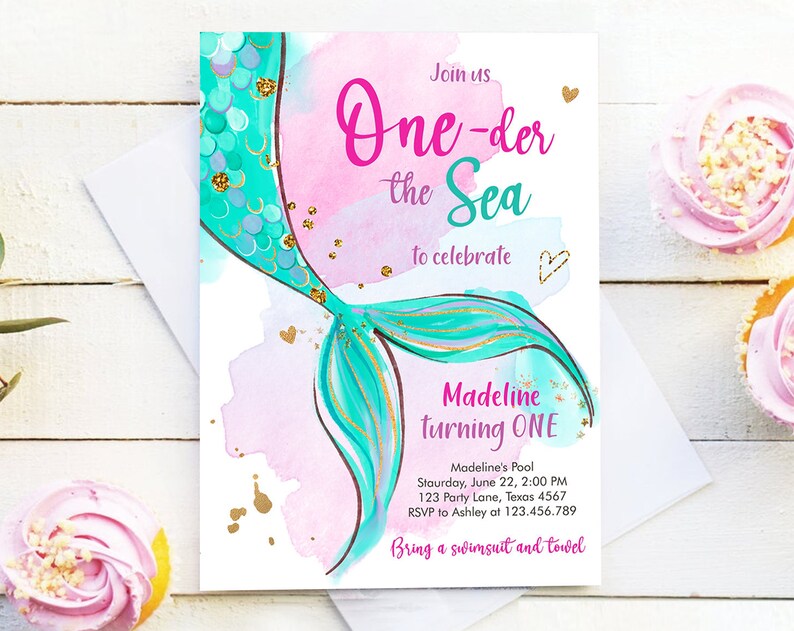 Editable ONEder the Sea Birthday Party Invitation Mermaid First Birthday Girl 1st Birthday Pink Gold Download Printable