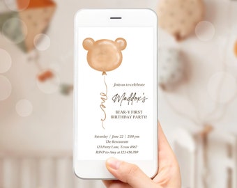 Editable Bear Birthday Evite Bear Balloon Modern Teddy Bears Picnic Gender Neutral Boho Invitation Template Instant Download Corjl 0439