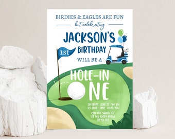 Editable Hole in One Birthday Invitation Golf First Birthday Par-tee Golf Invite Boy Golfing Download Printable Template Digital Corjl 0405