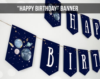 Happy Birthday Banner Outer Space Planets Banner Boy Galaxy First Birthday Decorations Rocket Instant download PRINTABLE DIGITAL DIY 0357