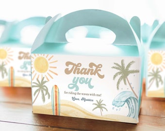 Editable Surf Gable Box Favor Label Surf Birthday Favor Box Label Boy The Big One Retro Surfboard 1st Digital Download Printable Corjl 0433