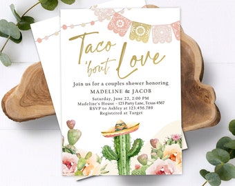 Editable Taco Bout Love Couples Shower Invitation Boho Fiesta Cactus Succulent Mexican Desert Digital Download Corjl Template Printable 0419