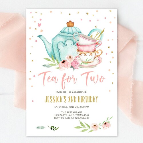 Editable Tea for Two Birthday Invitation Girl Tea Party Invite Etsy