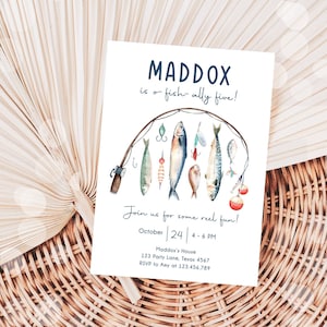 Editable Fishing Birthday Invitation Fishing Party O-Fish-Ally The Big One Gone Fishing Blue Boy Download Printable Template Corjl 0454
