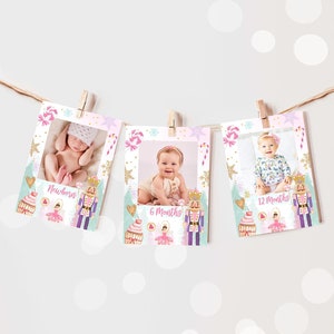 Editable Nutcracker First Birthday Banner Monthly Photo Banner 1st Land of Sweets Sugar Plum Fairy Christmas Corjl Template Printable 0352