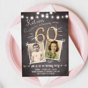 Invitación editable para 60 cumpleaños, para cualquier edad, pizarra rústica, para adultos, sesenta años, foto vintage, oro, diamante, jubileo, aniversario, plantilla Corjl 0230