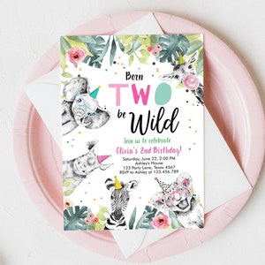 Editable Born Two Be Wild Birthday Invitation Girl Two Party Animals Pink Gold Safari Zoo Second Birthday 2nd Template Corjl Printable 0322