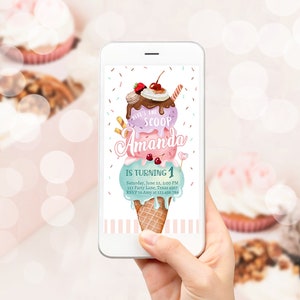 Editable Ice Cream Birthday Evite Ice Cream Truck Invite Modern Ice Cream Shoppe Here&#39;s The Scoop Girl Digital Phone Template Printable 0392