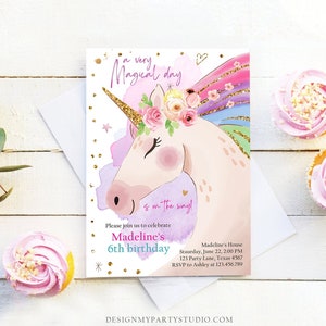 Editable Unicorn Invitation Unicorn Birthday Invitation Magical Unicorn Party Girl Pink Gold Rainbow Printable Corjl Template Digital 0411